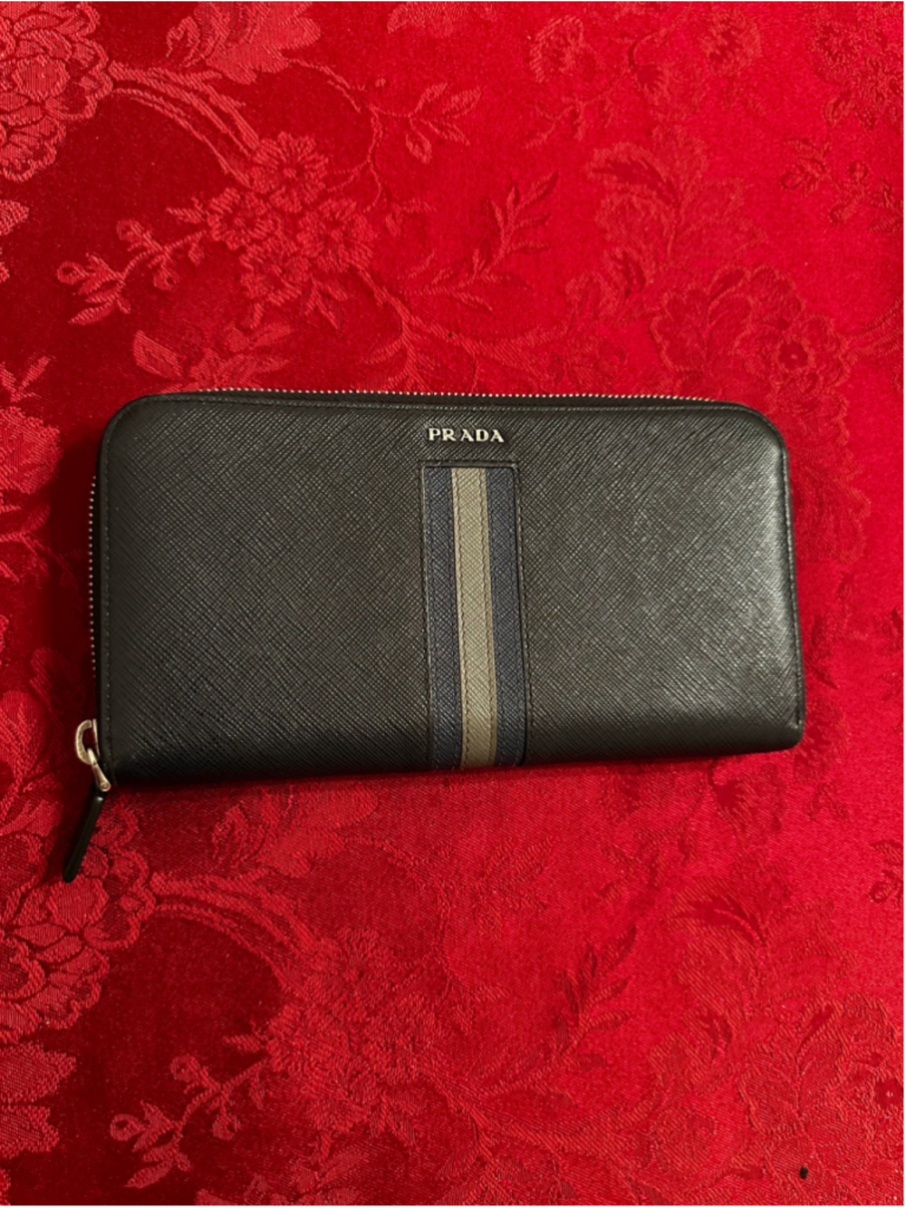 Prada Black & Blue Saffiano Leather Zip Around Wallet